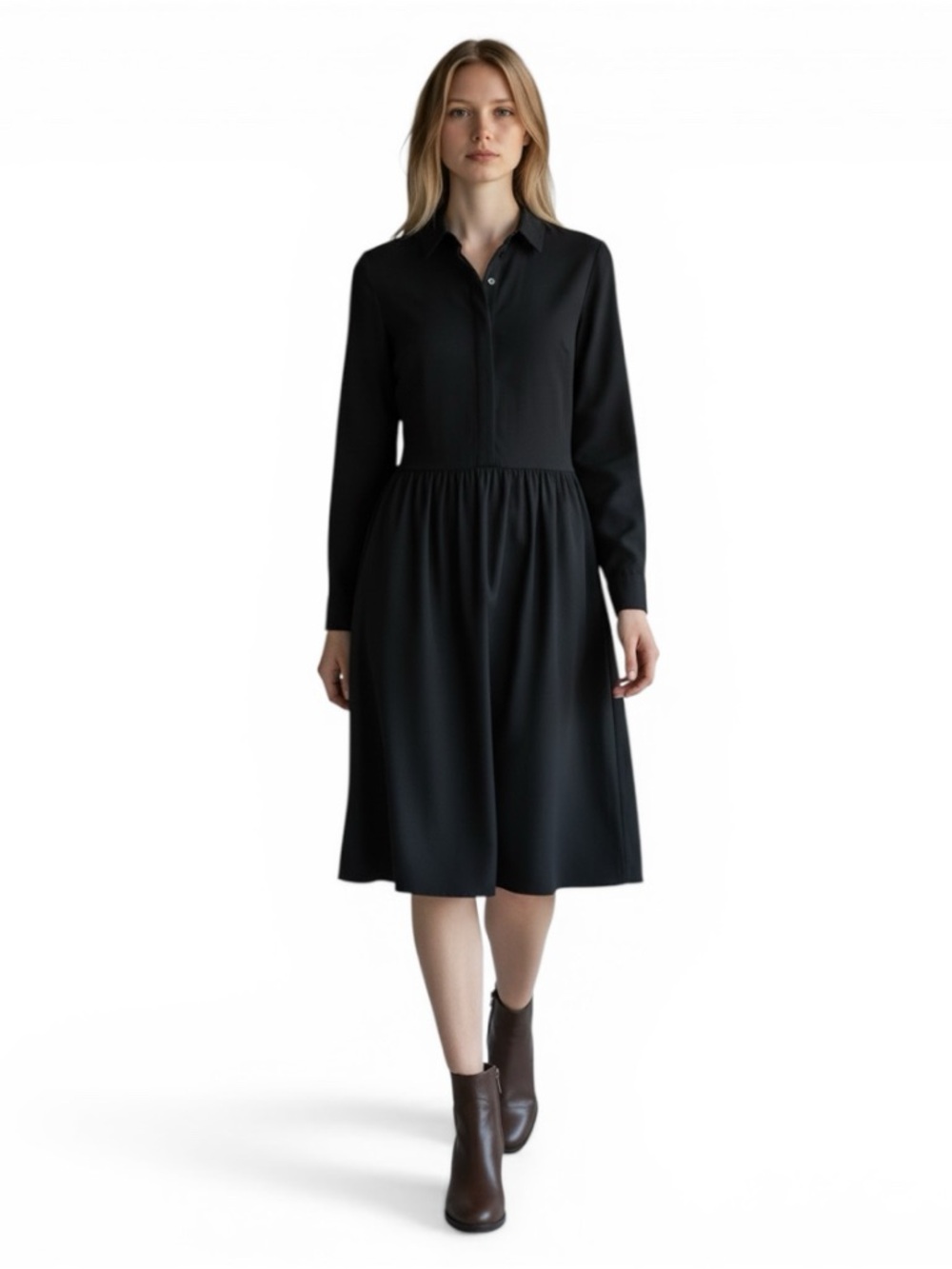 Theory Black Shirt Dress Size 8 Long Sleeve Fit & Flare Pockets Minimalist Chic